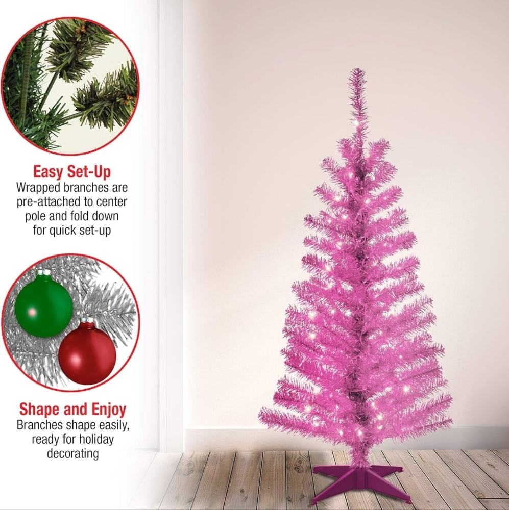National Tree Company Pre-Lit Artificial Christmas Tree, Pink Tinsel 4ft NTW